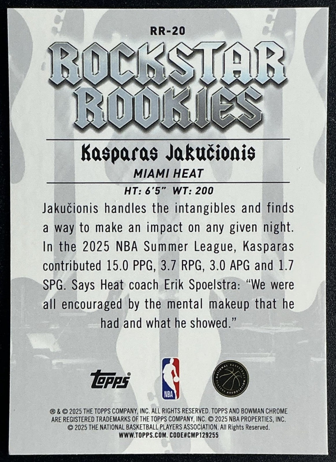 KASPARAS JAKUCIONIS 2025-26 BOWMAN #RR-20 CHROME ROCKSTAR ROOKIES RC HEAT