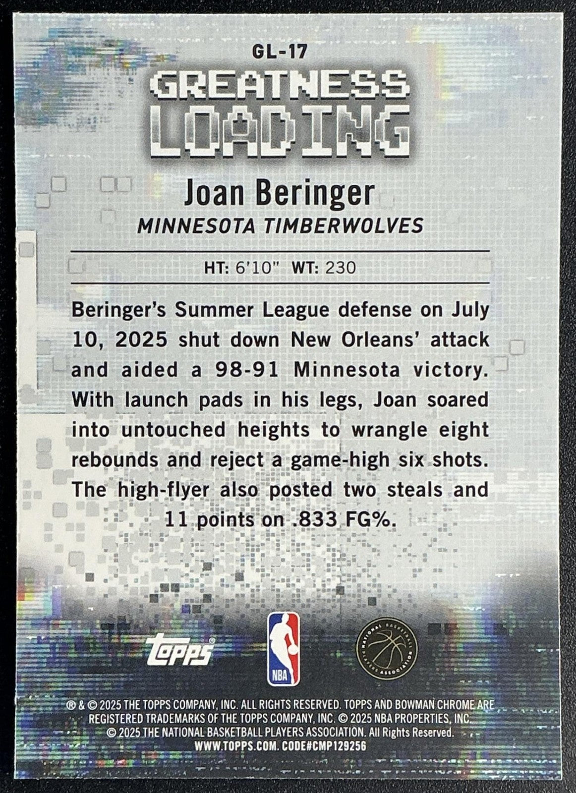 JOAN BERINGER 2025-26 BOWMAN #GL-17 CHROME GREATNESS LOADING RC TIMBERWOLVES