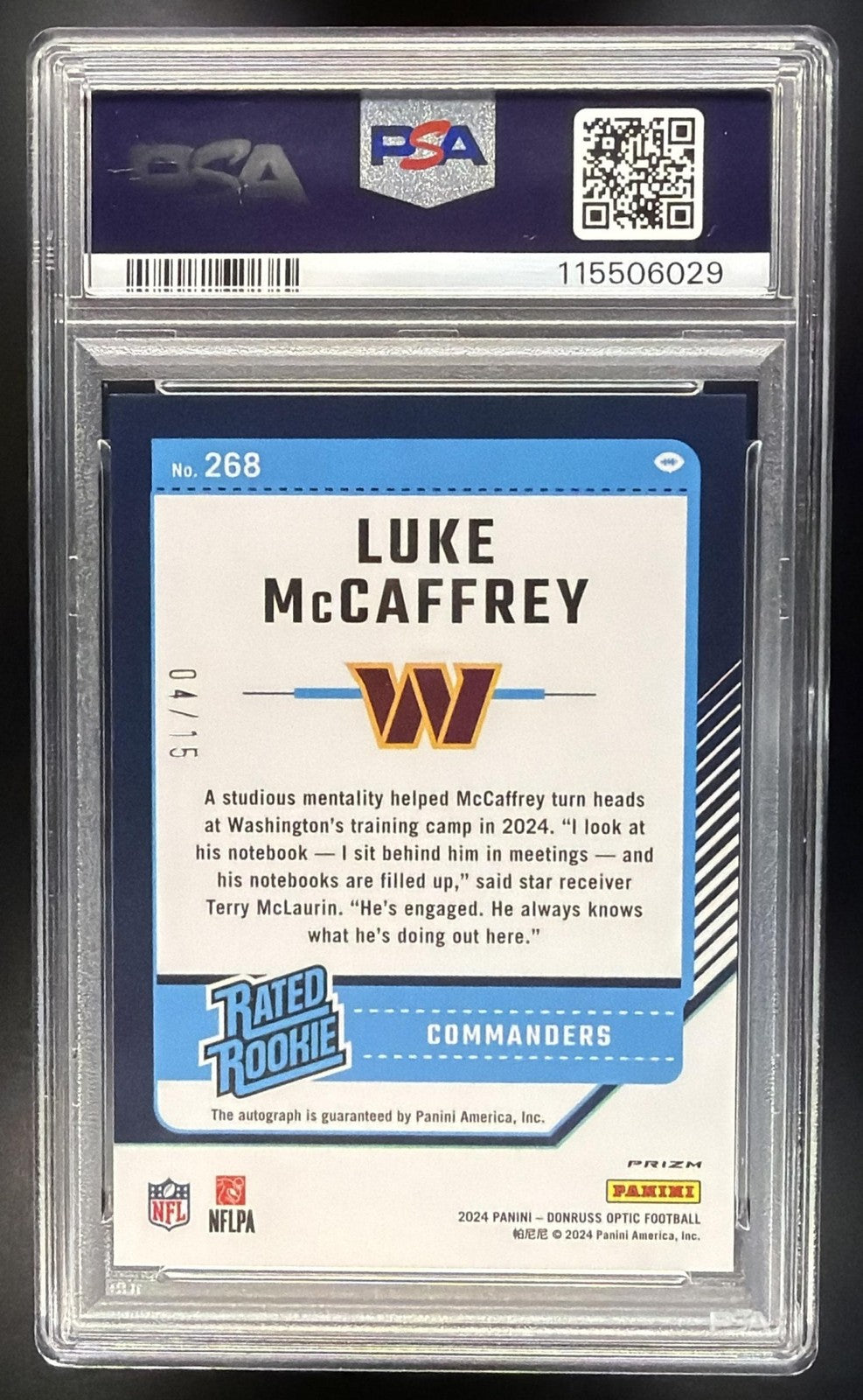 2024 Panini Donruss Optic Luke McCaffrey Rated Rookie RPS Auto Ice /15 PSA 10