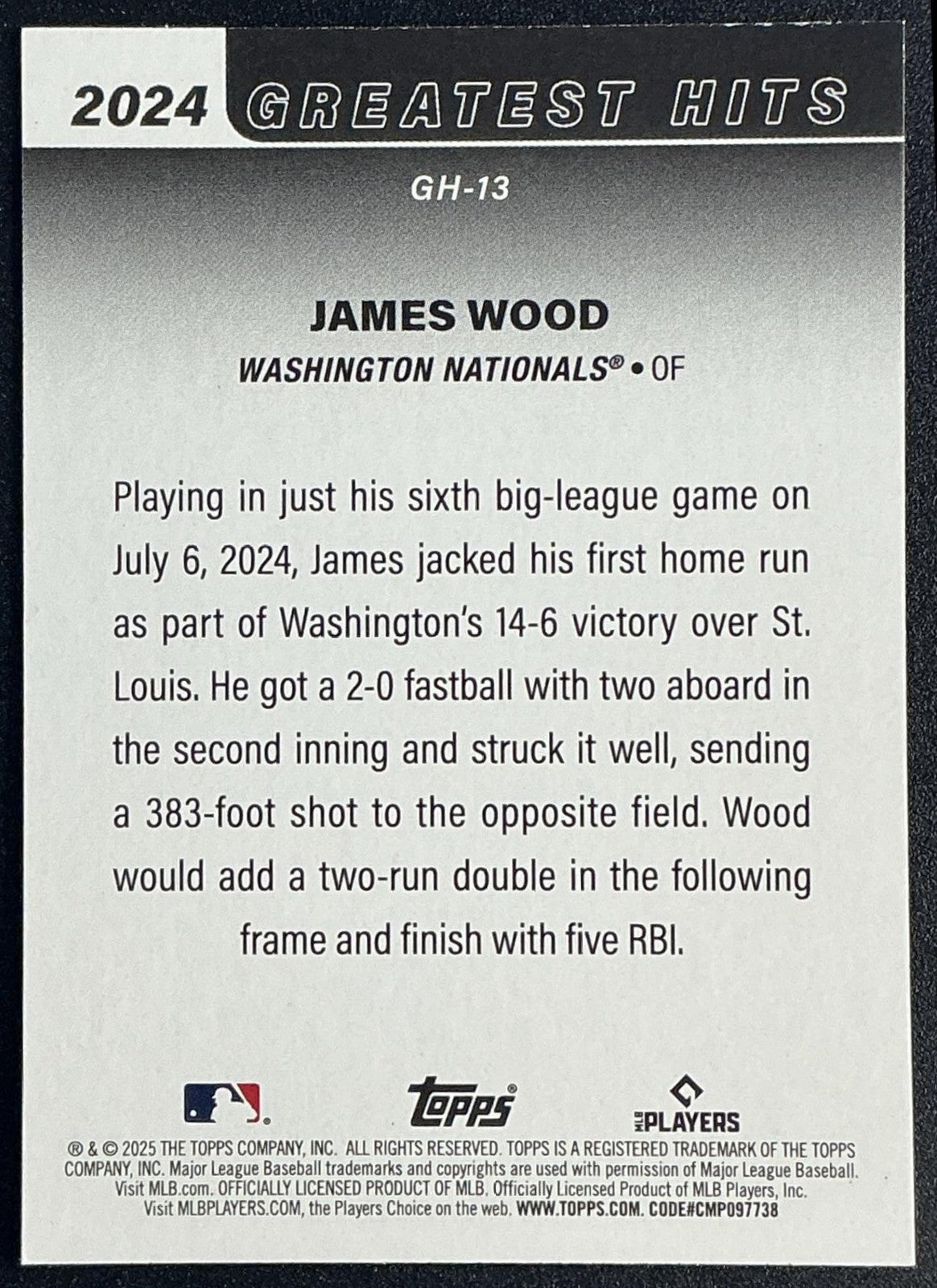 JAMES WOOD 2025 TOPPS #GH-13 2024'S GREATEST HITS RC NATIONALS
