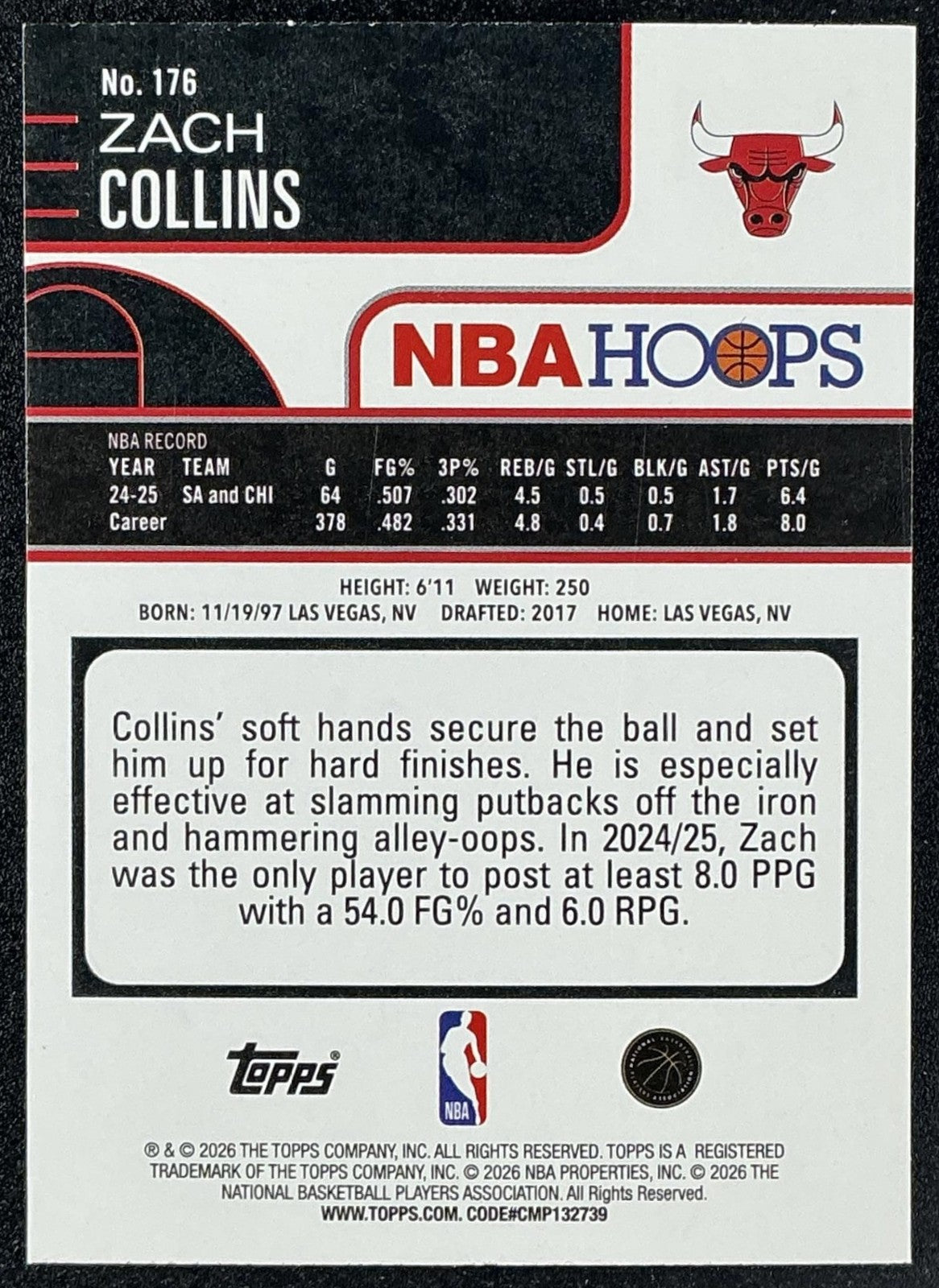ZACH COLLINS 2025-26 TOPPS HOOPS #176 PIXEL BURST BLUE 131/149 BULLS
