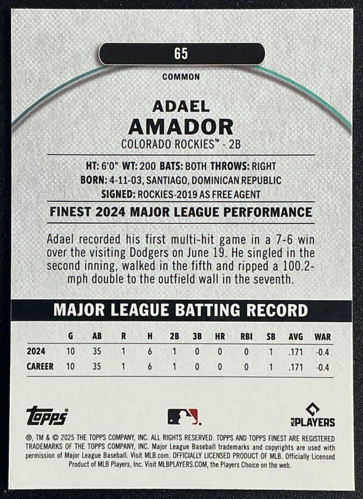 ADAEL AMADOR 2025 TOPPS FINEST #65 COMMON X-FRACTOR RC ROCKIES