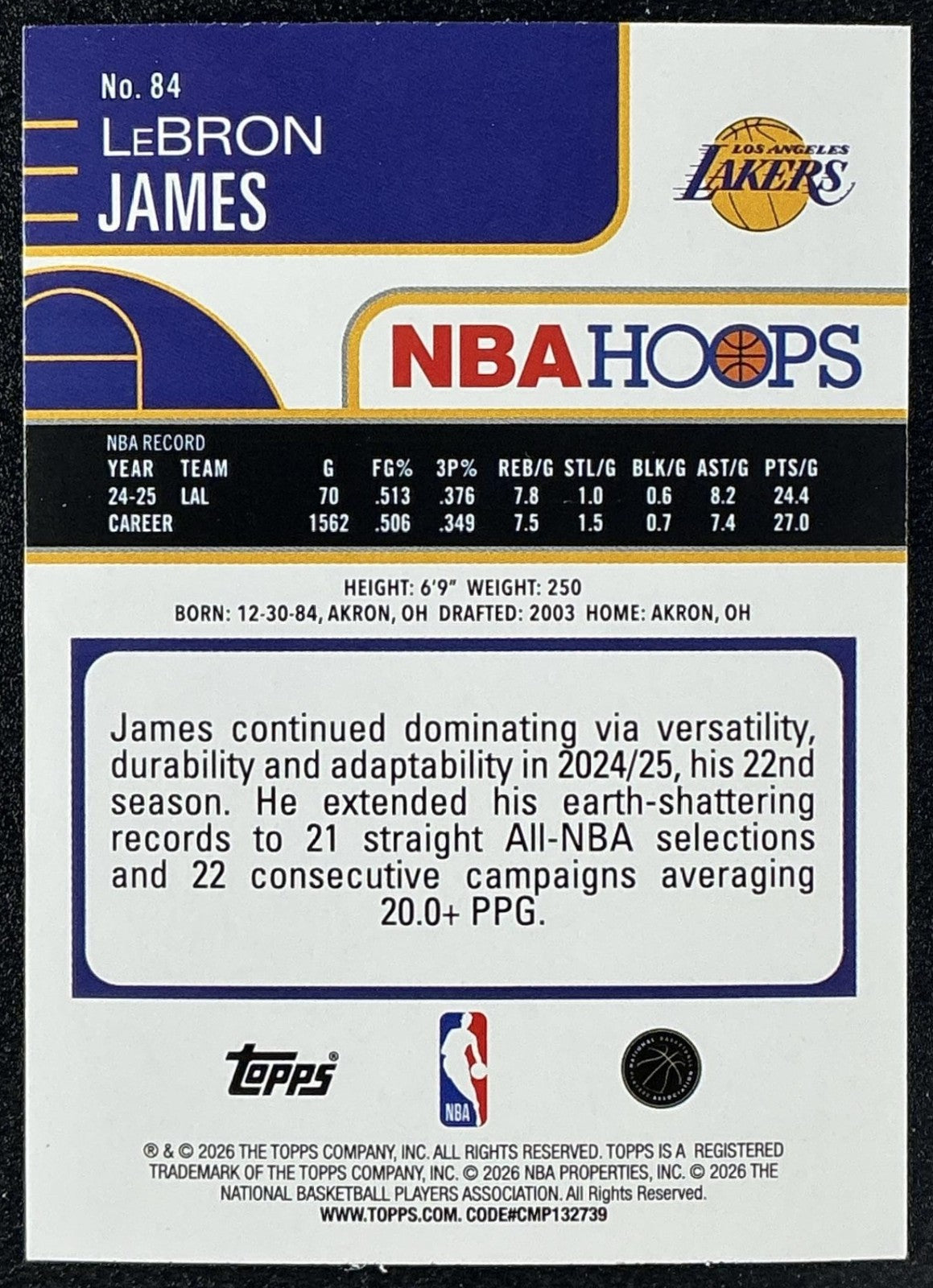 LEBRON JAMES 2025-26 TOPPS HOOPS #84 RAINBOW FOIL LAKERS