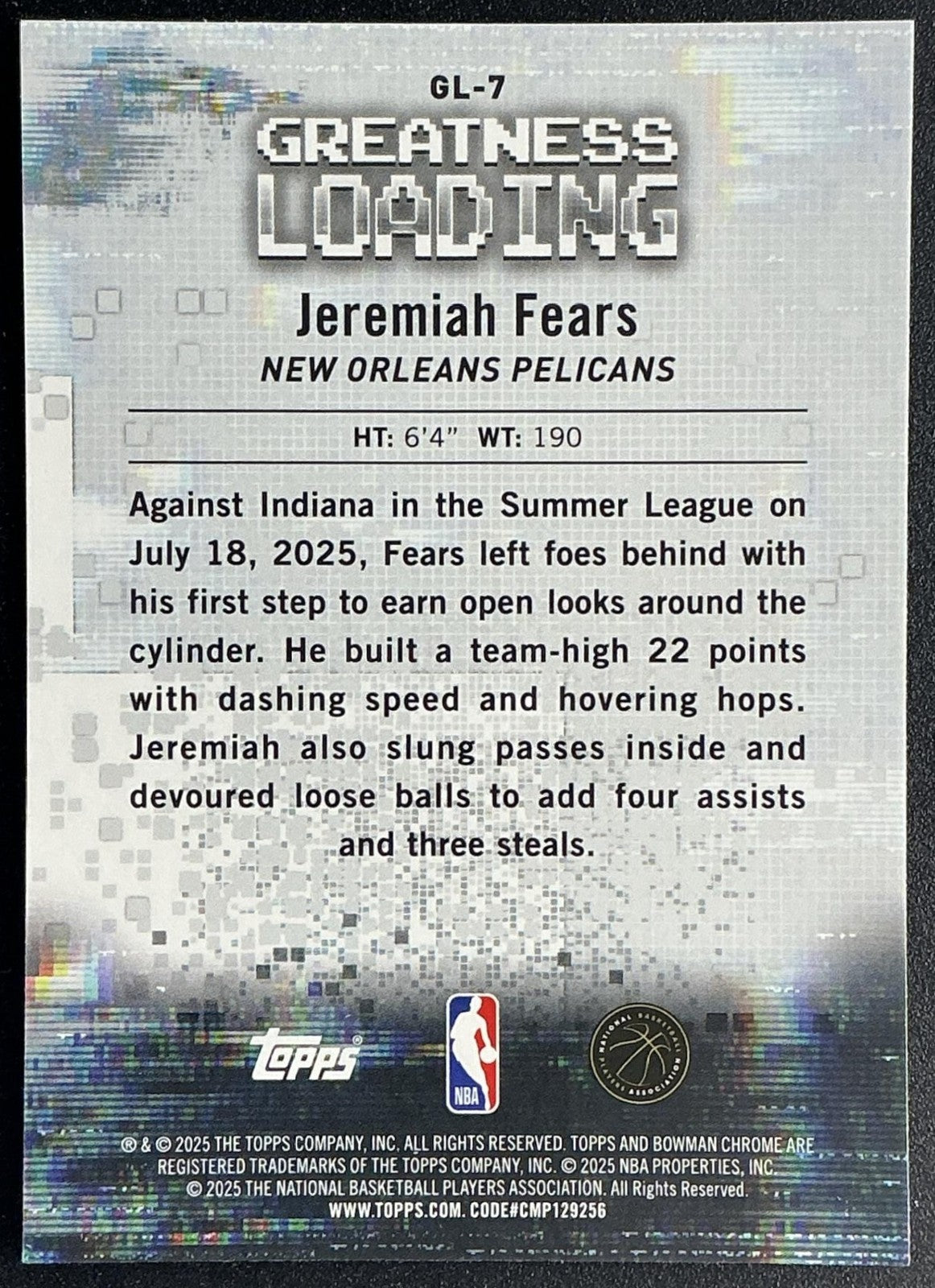 JEREMIAH FEARS 2025-26 BOWMAN #GL-7 CHROME GREATNESS LOADING RC PELICANS