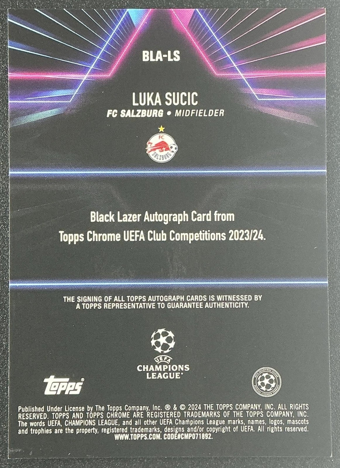 2023 Topps Chrome UEFA Club Competitions Luka Sucic #BLA-LS Black Lazer Auto