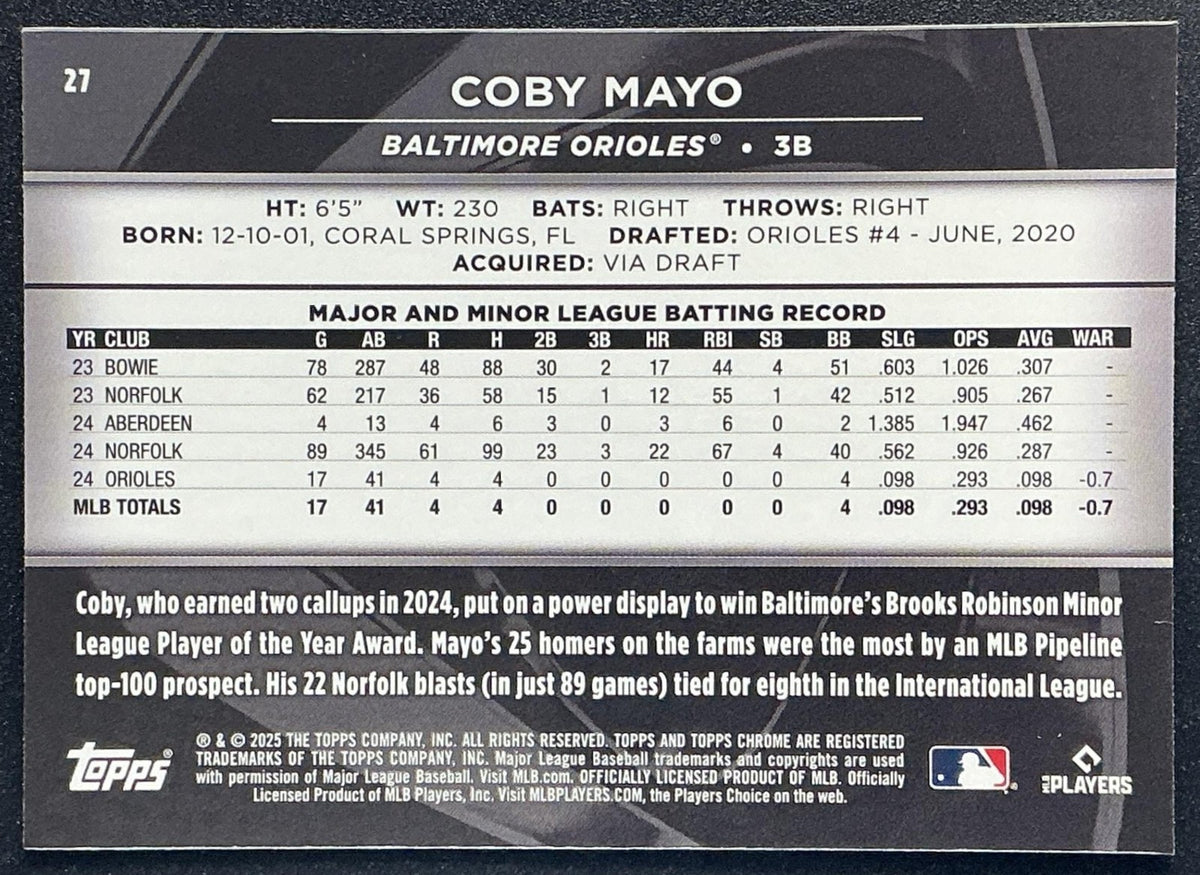 COBY MAYO 2025 TOPPS CHROME BLACK #27 RC ORIOLES