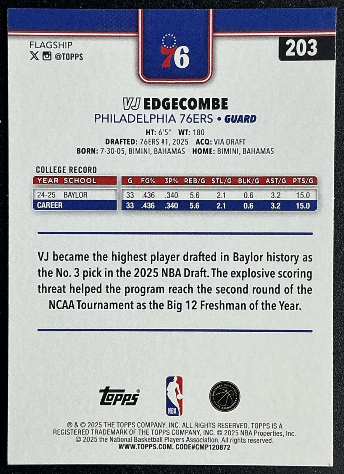 VJ EDGECOMBE 2025-26 TOPPS #203 RC 76ERS