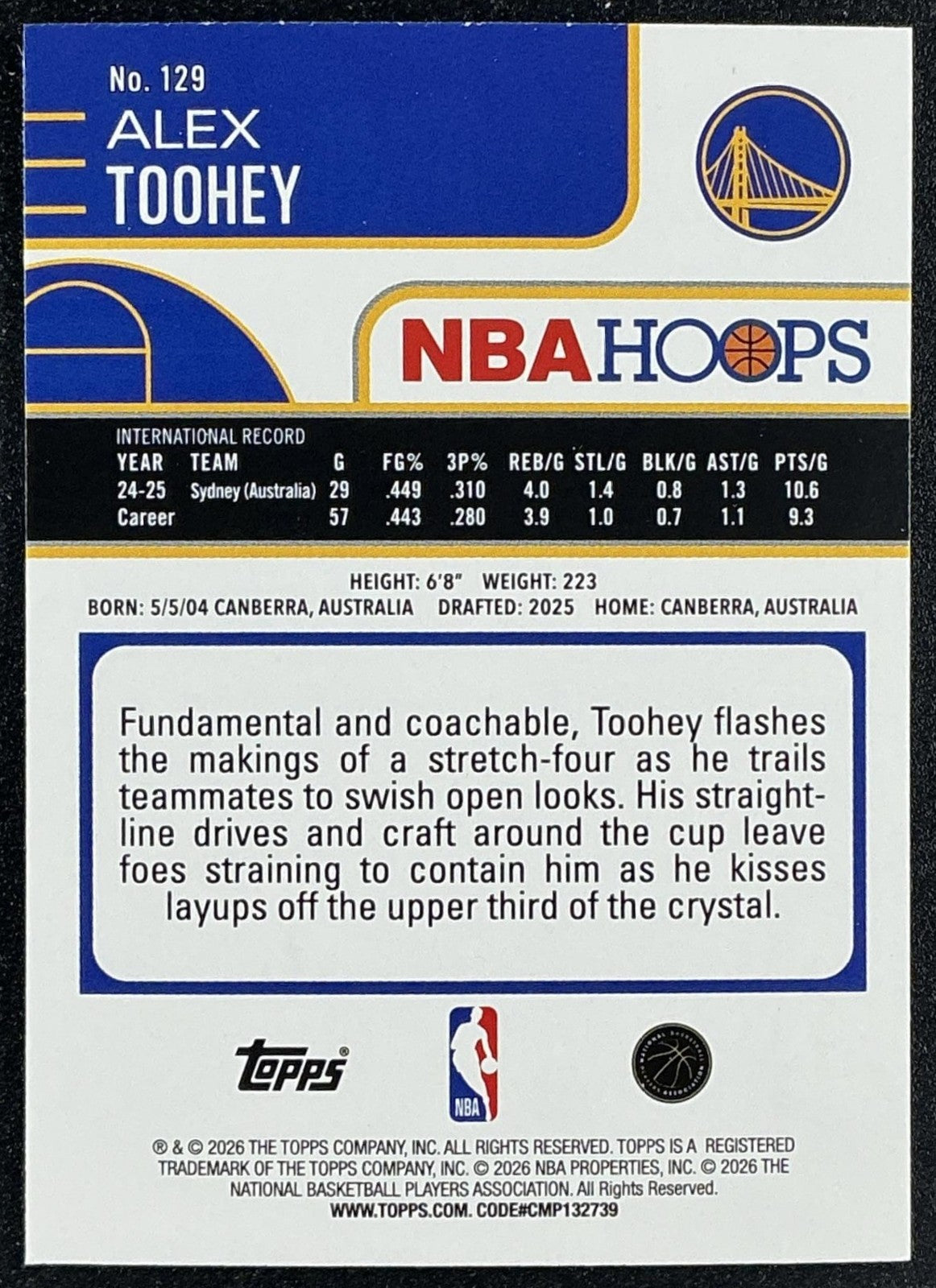 ALEX TOOHEY 2025-26 TOPPS HOOPS #129 RAINBOW FOIL RC WARRIORS