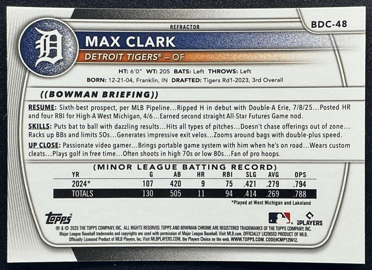 MAX CLARK 2025 BOWMAN DRAFT #BDC-48 CHROME REFRACTOR TIGERS