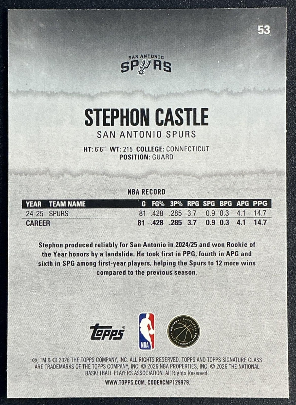 STEPHON CASTLE 2025-26 TOPPS SIGNATURE CLASS #53 VETERAN SPURS