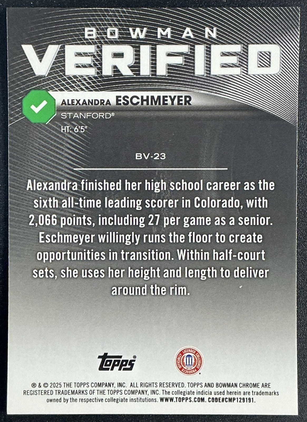 ALEXANDRA ESCHMEYER 2025-26 BOWMAN #BV-23 CHROME VERIFIED CARDINAL