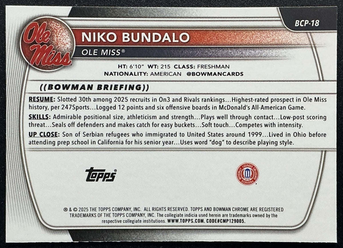 2025 Bowman Niko Bundalo #BCP-18 Chrome Reptilian Refractor 1st Prospect