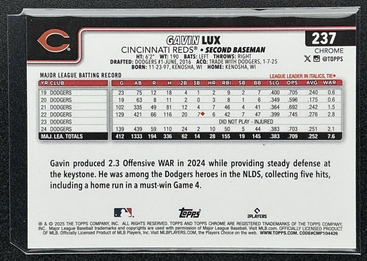 GAVIN LUX 2025 TOPPS CHROME #237 RAYWAVE REFRACTOR REDS