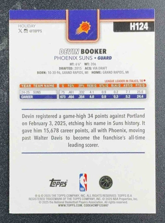 DEVIN BOOKER 2025-26 TOPPS HOLIDAY #H124 BLUE METALLIC GLITTER SUNS