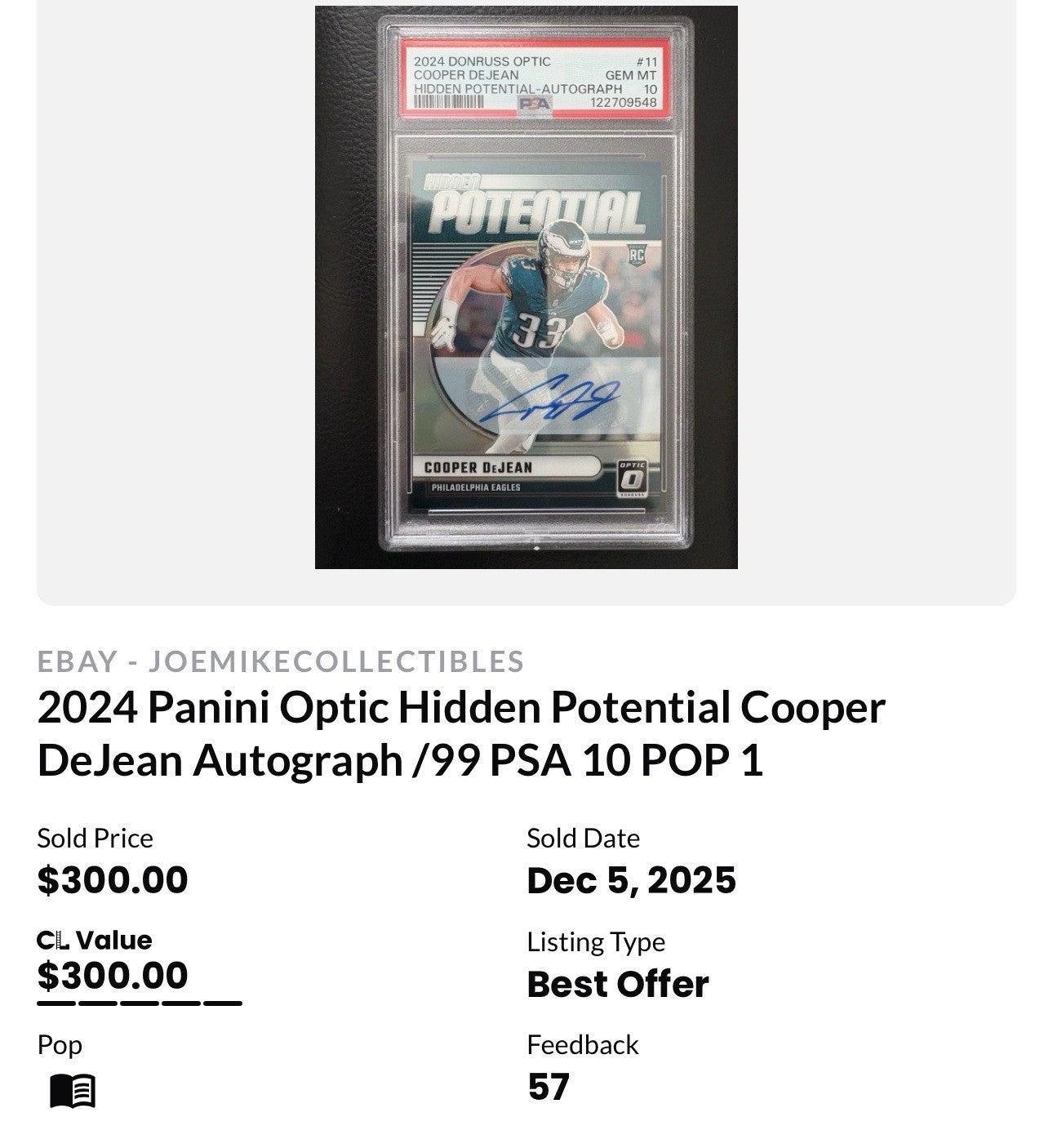 COOPER DEJEAN  2024 PANINI OPTIC HIDDEN POTENTIAL AUTO RC /99 EAGLES