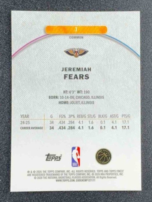 JEREMIAH FEARS 2025-26 TOPPS FINEST #7 COMMON RC PELICANS