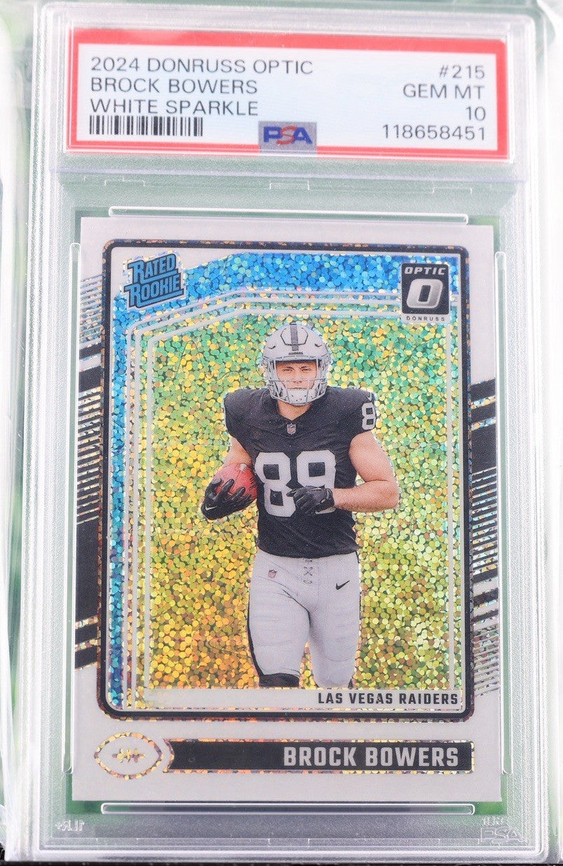 BROCK BOWERS 2024 DONRUSS OPTIC WHITE SPARKLE #215 SSP RC PSA 10 POP 5 RAIDERS