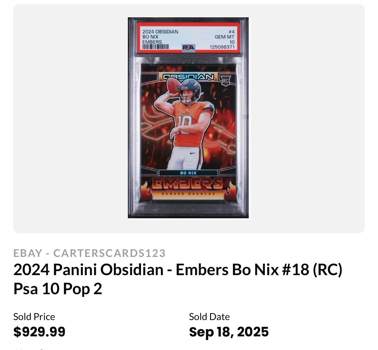 BO NIX 2024 OBSIDIAN EMBERS #18 RC SSP CASE HIT PSA 10 POP 3 DENVER BRONCOS