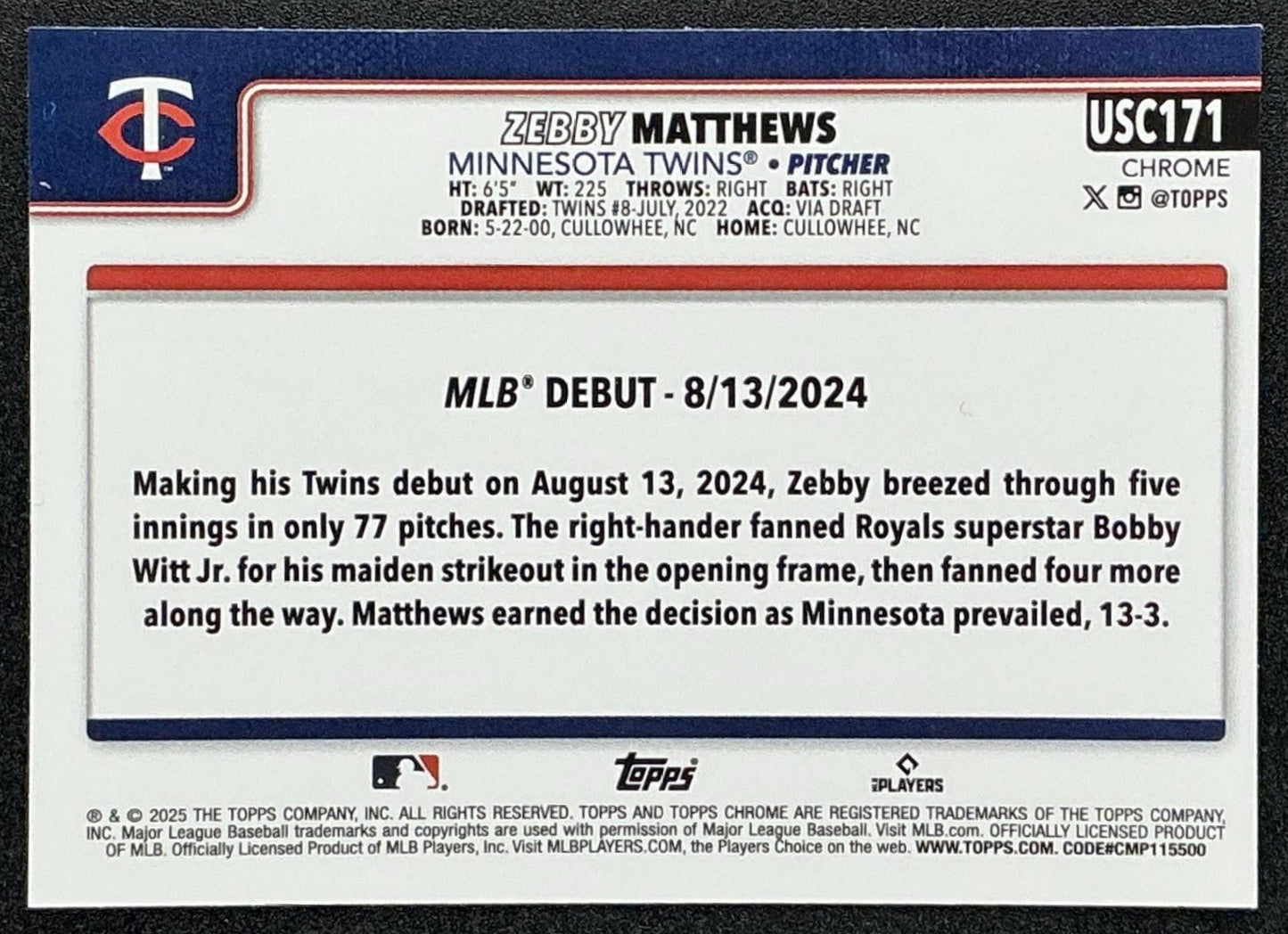 ZEBBY MATTHEWS 2025 TOPPS CHROME UPDATE #USC171 SEPIA REFRACTOR RC TWINS