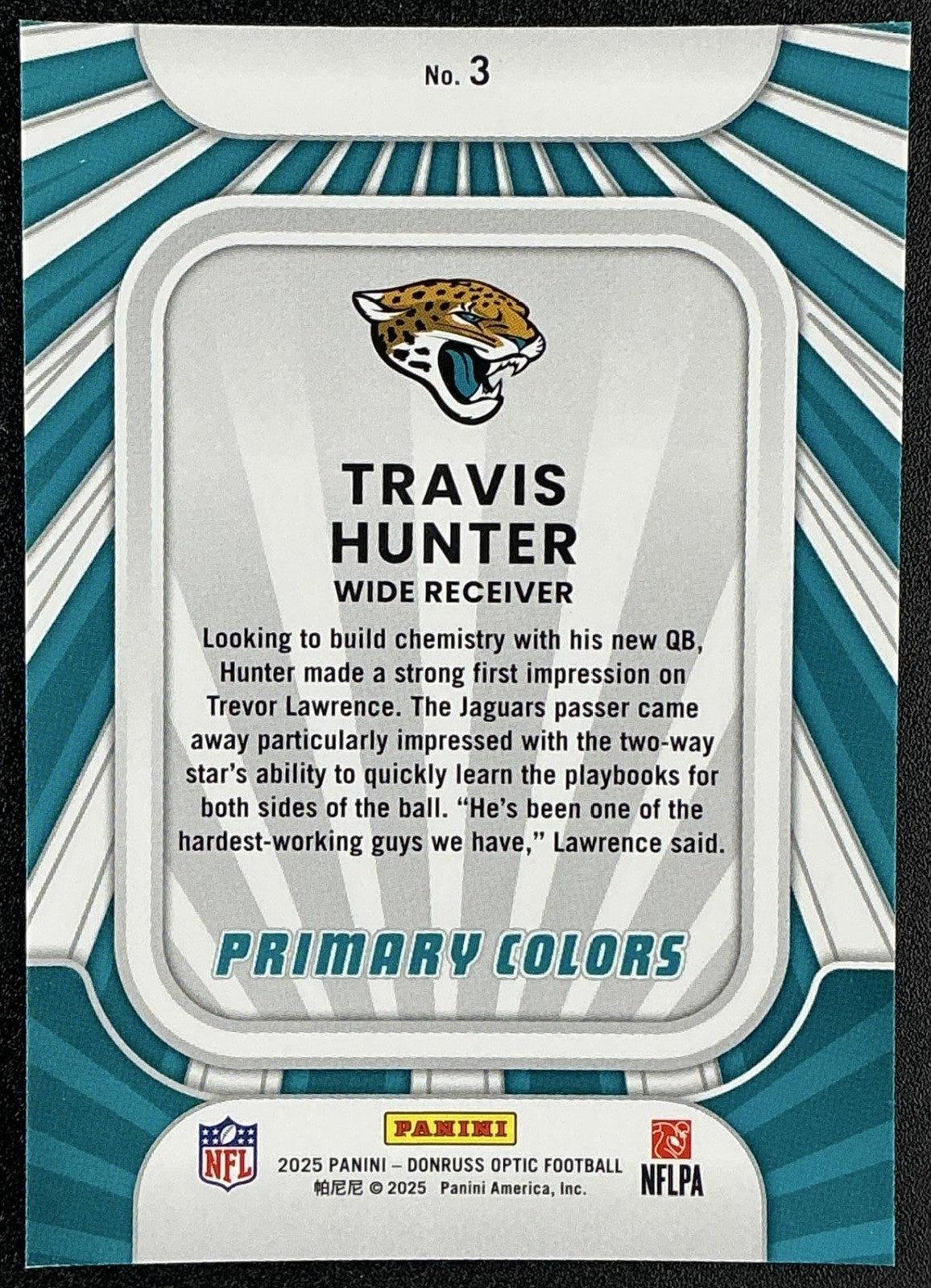 TRAVIS HUNTER 2025 PANINI DONRUSS OPTIC #3 ROOKIE PRIMARY COLORS RC JAGUARS