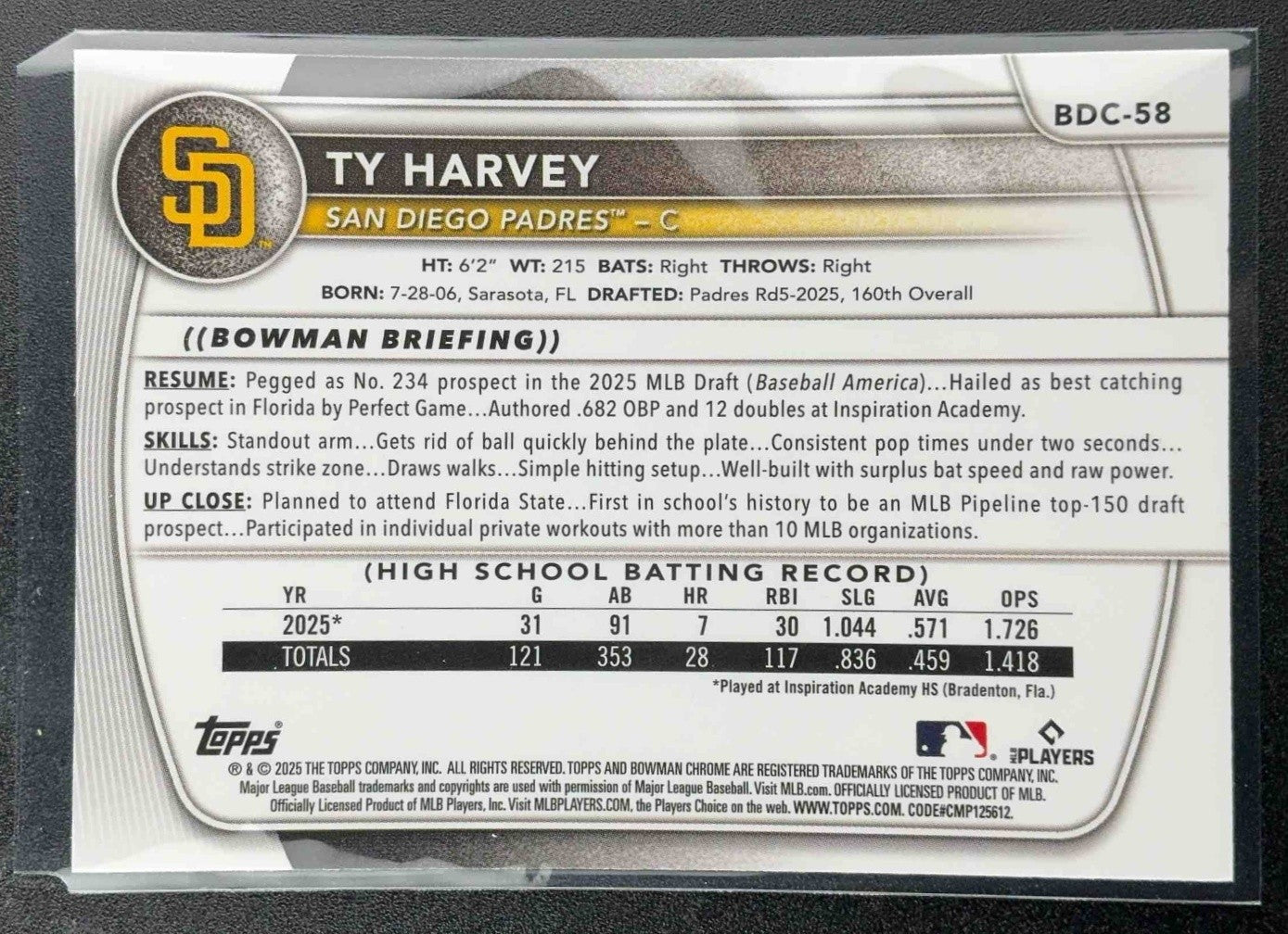 TY HARVEY 2025 BOWMAN DRAFT #BDC-58 CHROME LASER REFRACTOR 1ST PADRES