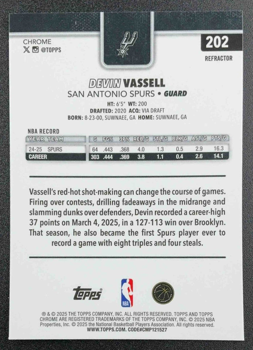 DEVIN VASSELL 2025-26 TOPPS CHROME #202 REFRACTOR SPURS