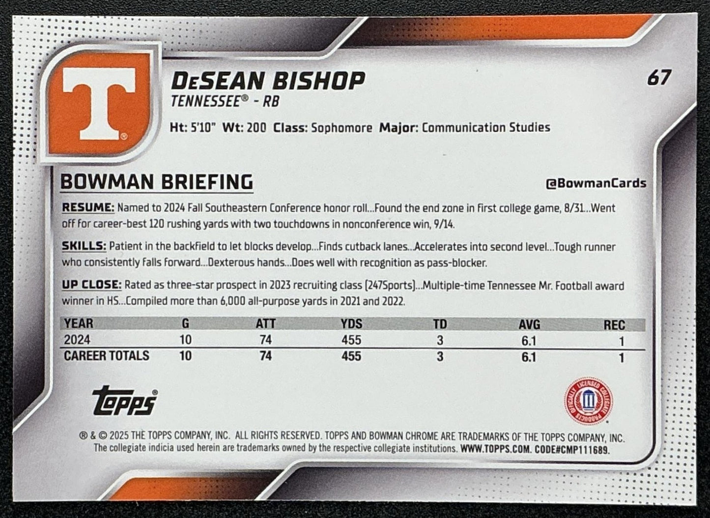 DESEAN BISHOP 2025 BOWMAN CHROME UNIVERSITY SAPPHIRE #67 1ST PROSPECT VOLUNTEERS