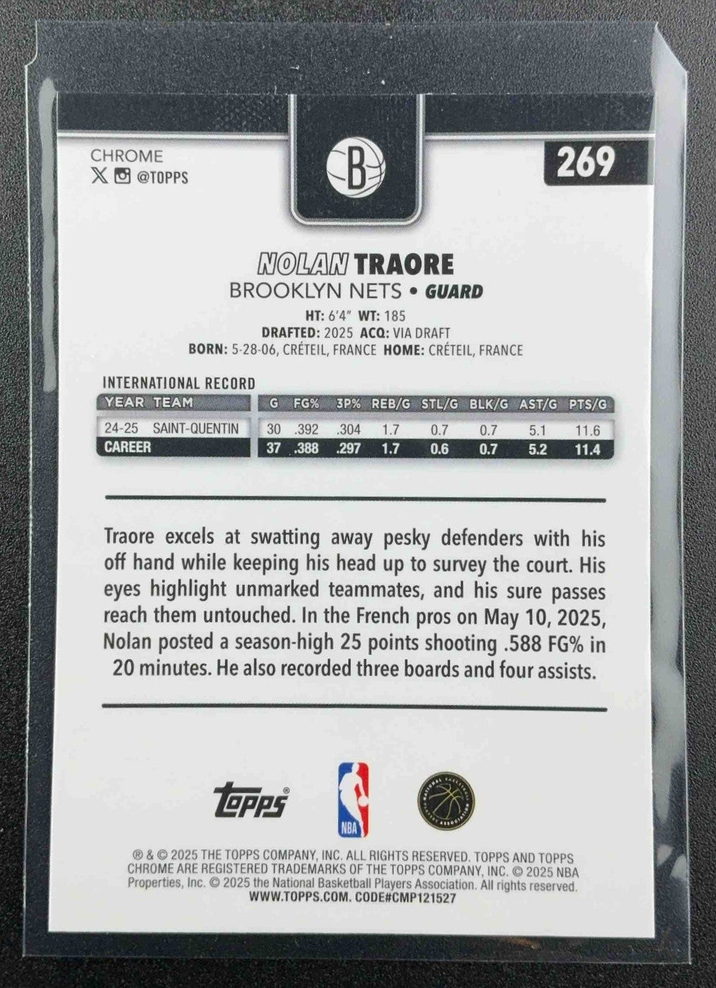 NOLAN TRAORE 2025-26 TOPPS CHROME #269 X-FRACTOR RC NETS