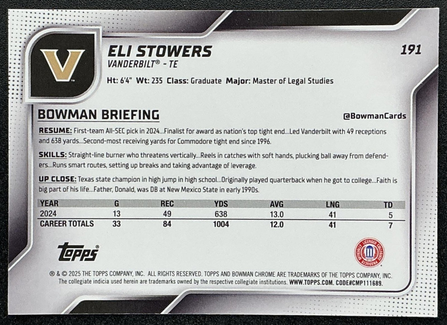 ELI STOWERS 2025 BOWMAN CHROME UNIVERSITY SAPPHIRE #191 1ST PROSPECT COMMODORES