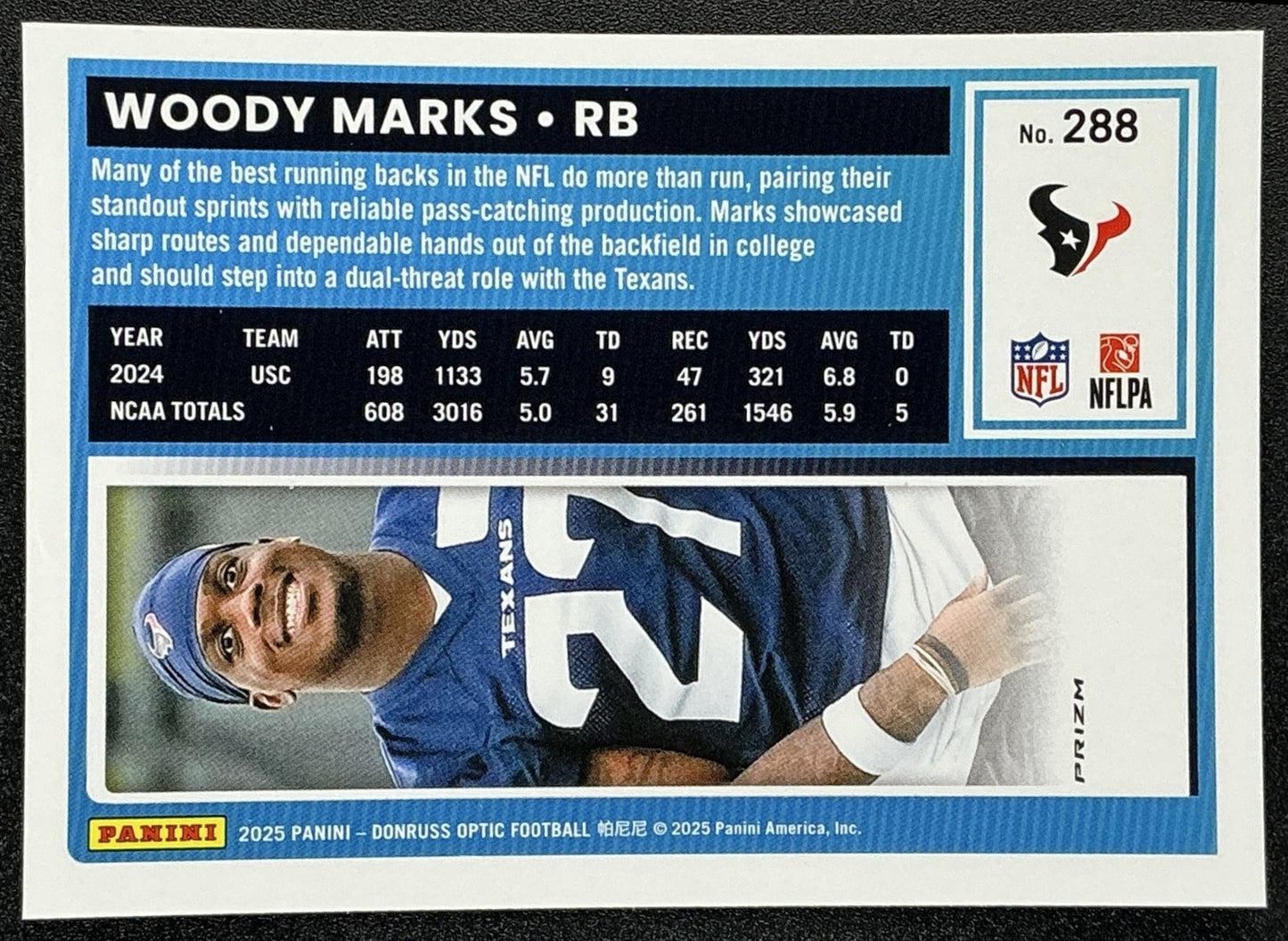 WOODY MARKS 2025 PANINI DONRUSS OPTIC #288 RATED ROOKIE RED HYPER PRIZM TEXANS