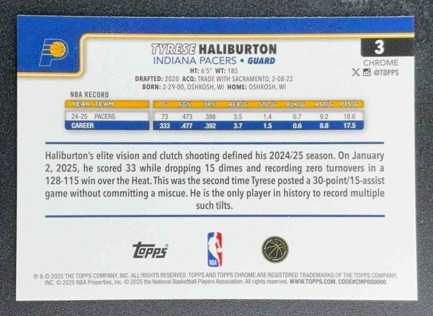 TYRESE HALIBURTON 2025-26 TOPPS CHROME #3 BASKETBALL REFRACTOR PACERS