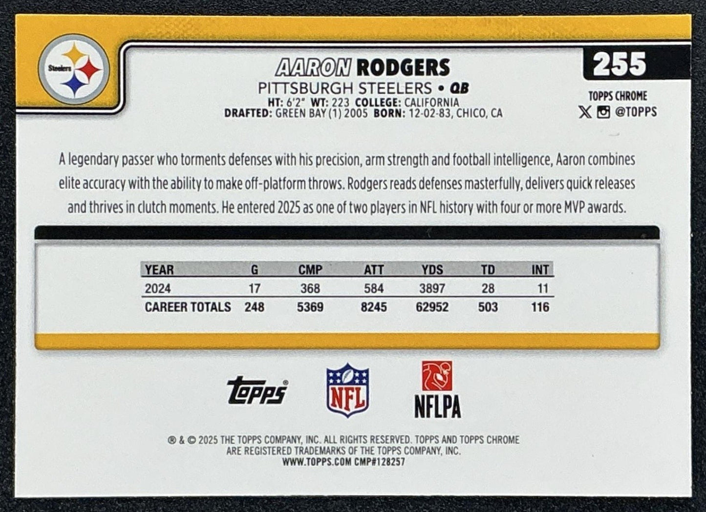 AARON RODGERS 2025 TOPPS CHROME #255 NEON PULSE REFRACTOR STEELERS