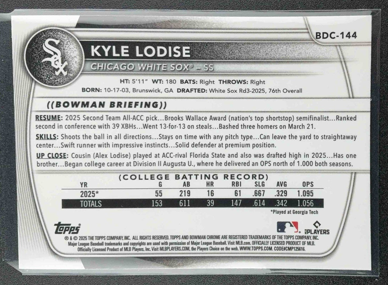 2025 Bowman Draft Kyle Lodise #BDC-144 Chrome Mojo Refractor 1st Prospect