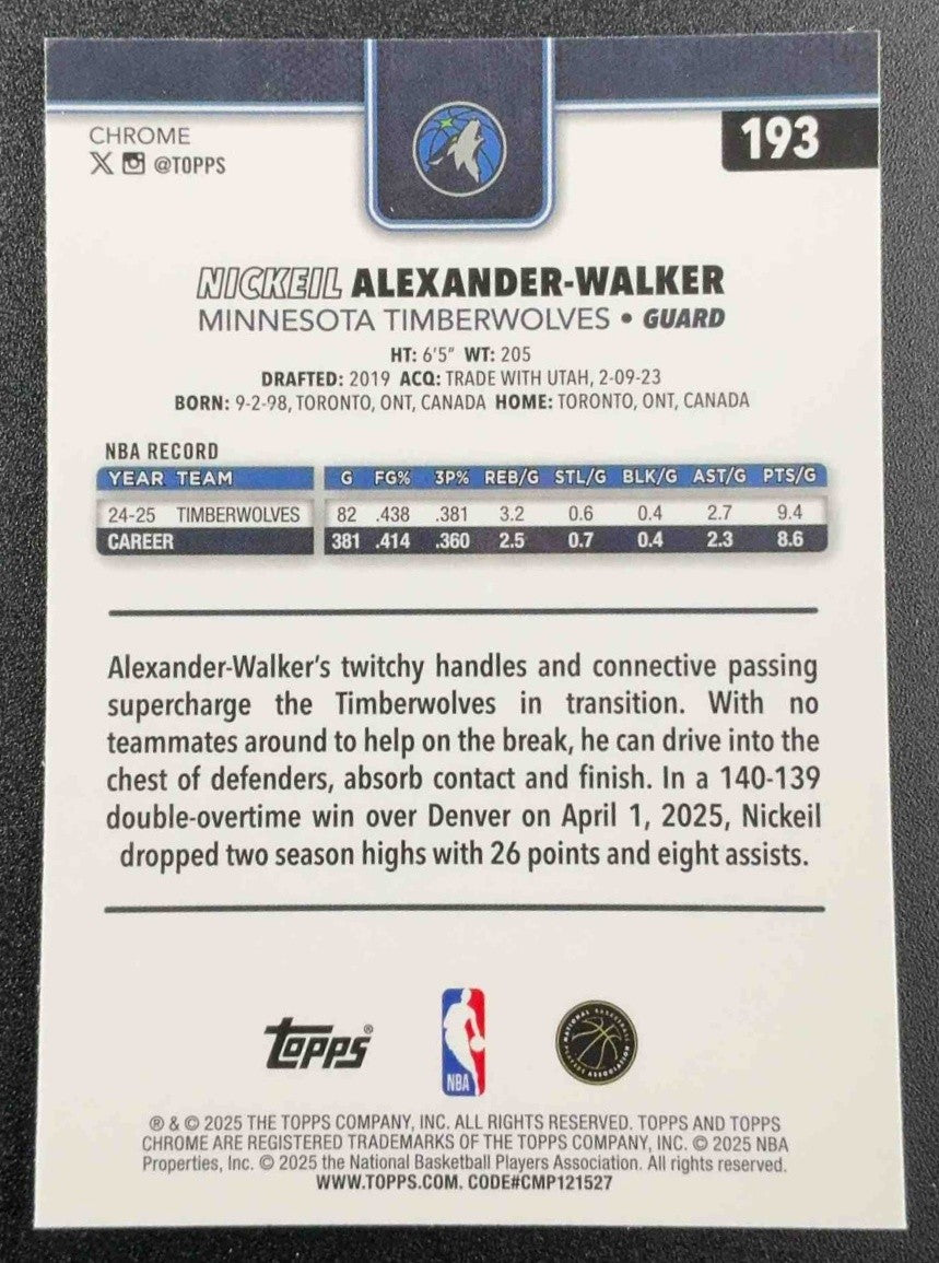 NICKEIL ALEXANDER-WALKER 2025-26 TOPPS CHROME #193 WAVE REFRACTOR TIMBERWOLVES