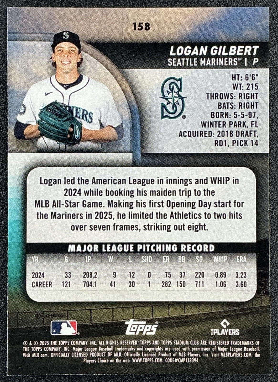 LOGAN GILBERT 2025 TOPPS STADIUM CLUB #158 RED FOIL MARINERS