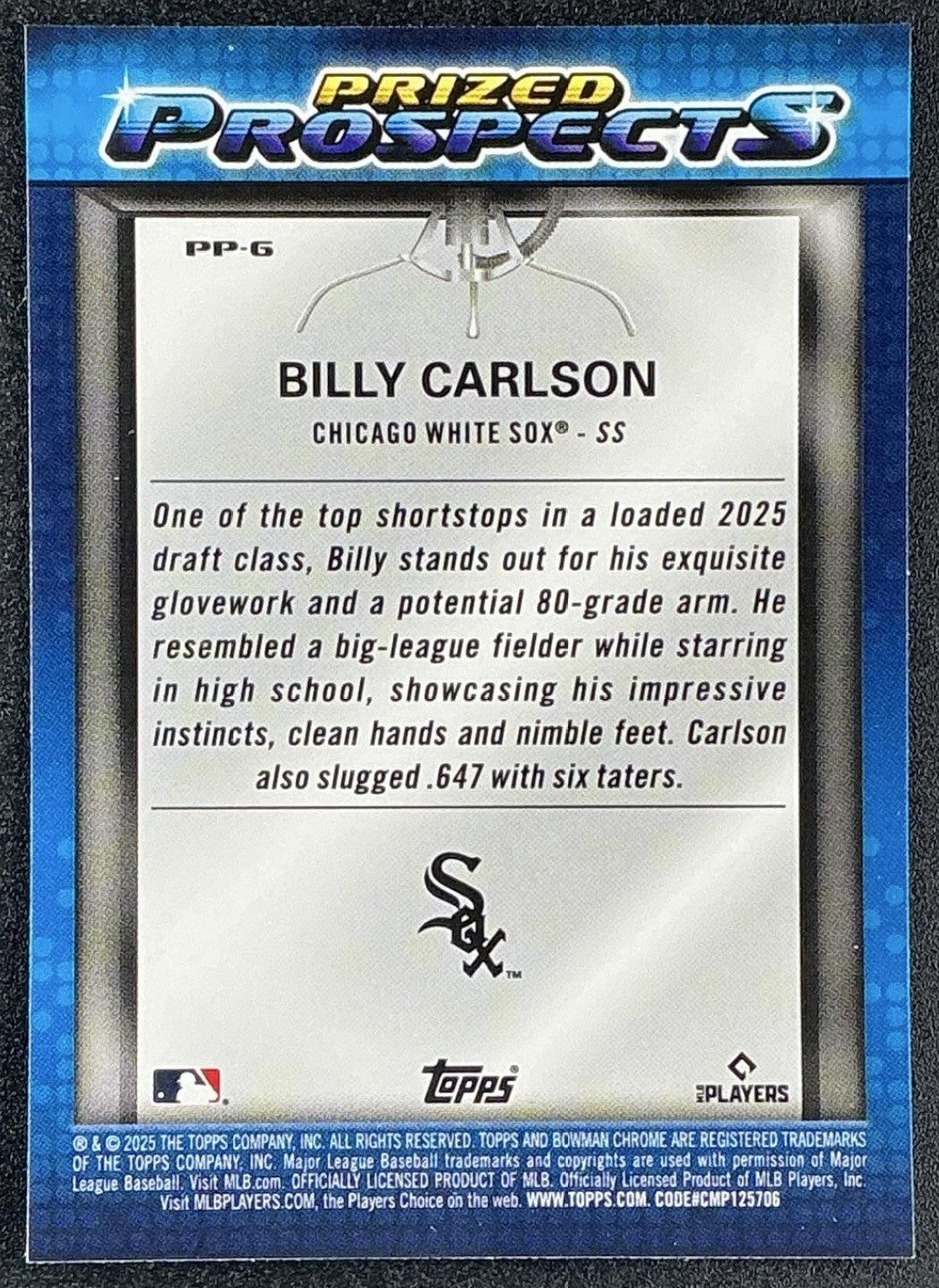 BILLY CARLSON 2025 BOWMAN DRAFT #PP-6 CHROME PRIZED PROSPECTS WHITE SOX