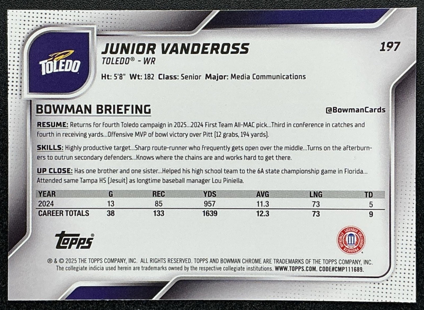 2025 Bowman Chrome University Sapphire Junior Vandeross #197 1st Prospect