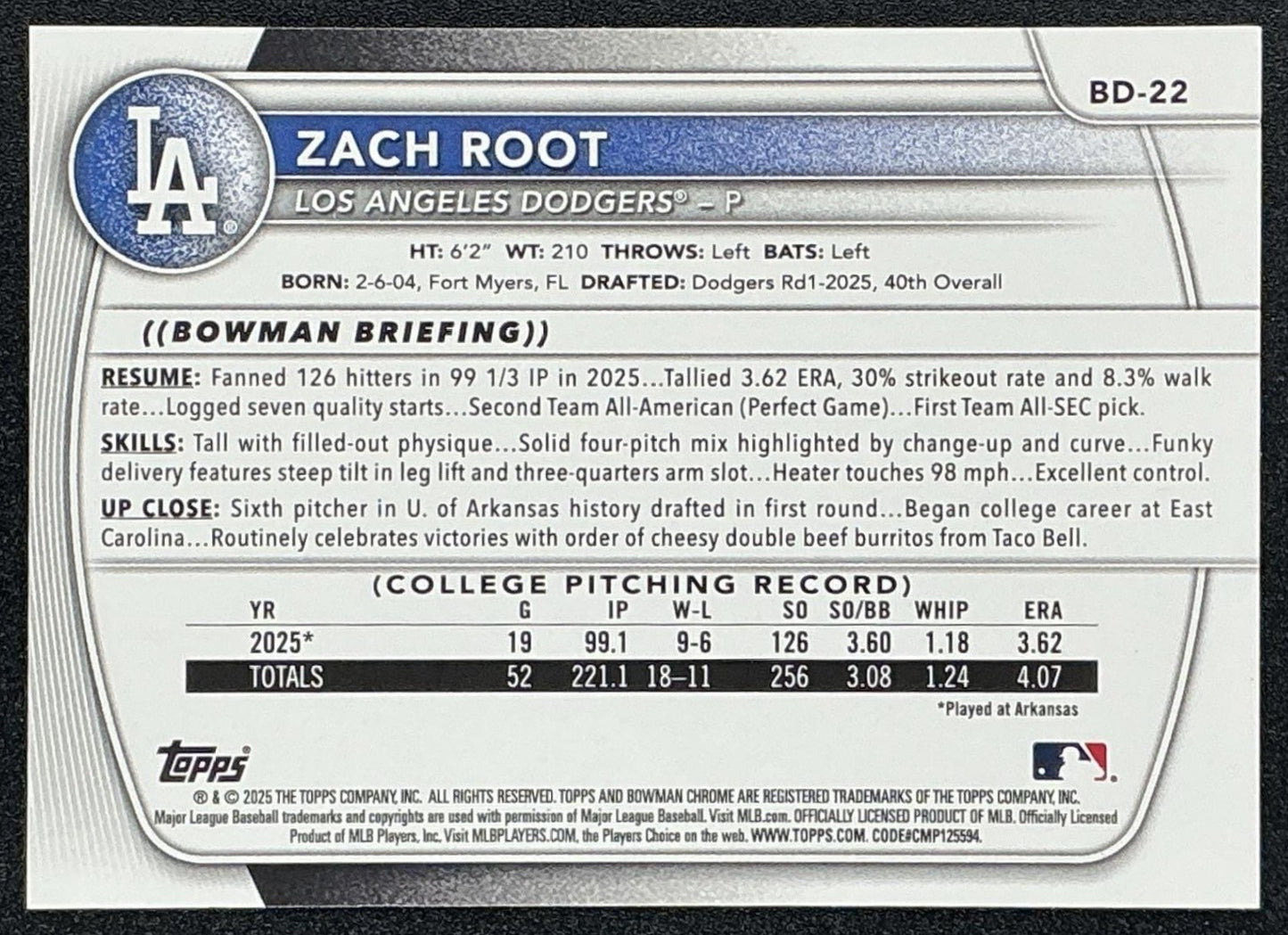 ZACH ROOT 2025 BOWMAN DRAFT #BD-22 SKY BLUE BORDER 124/499 1ST PROSPECT DODGERS