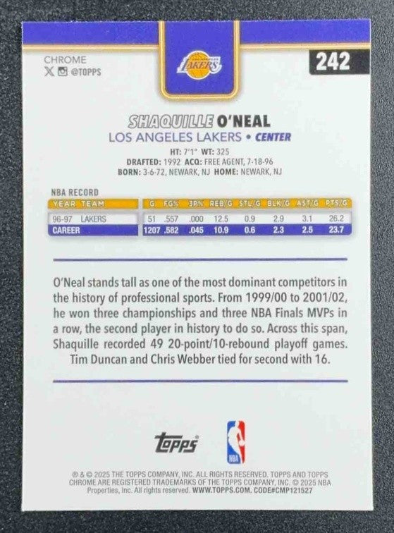 SHAQUILLE O'NEAL 2025-26 TOPPS CHROME #242 RAYWAVE REFRACTOR LAKERS