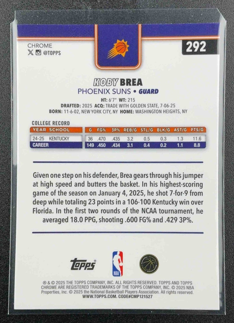 KOBY BREA 2025-26 TOPPS CHROME #292 X-FRACTOR RC SUNS
