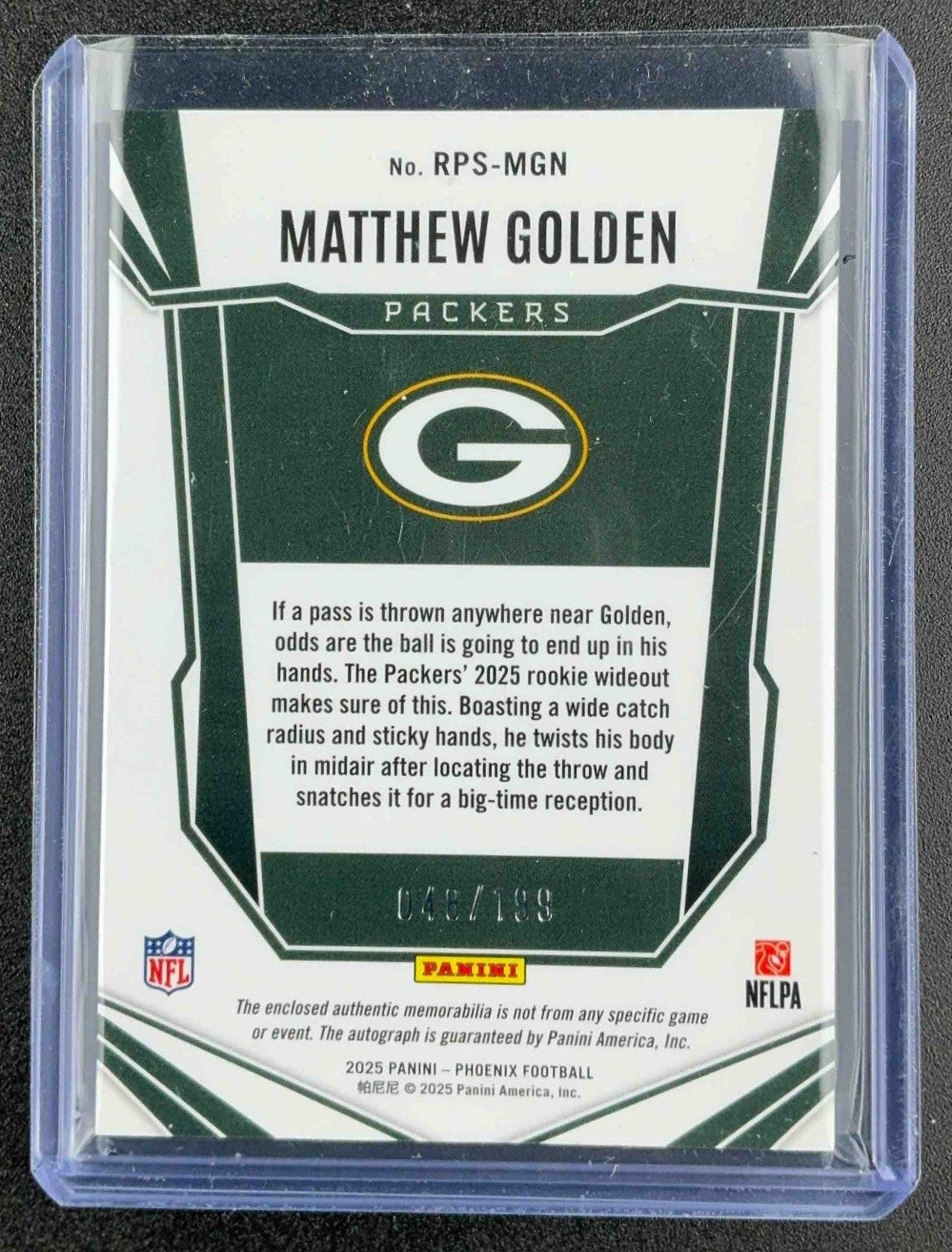 PANINI PHOENIX 2025 ROOKIE PATCH AUTOGRAPH MATTHEW GOLDEN PACKERS /199 #RPS-MGN