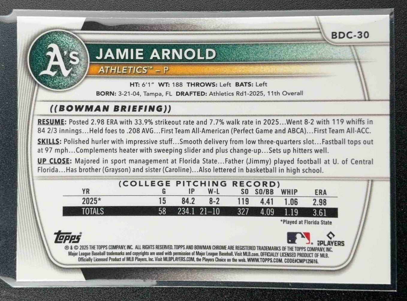2025 Bowman Draft Jamie Arnold #BDC-30 Chrome Mojo Refractor 1st Prospect