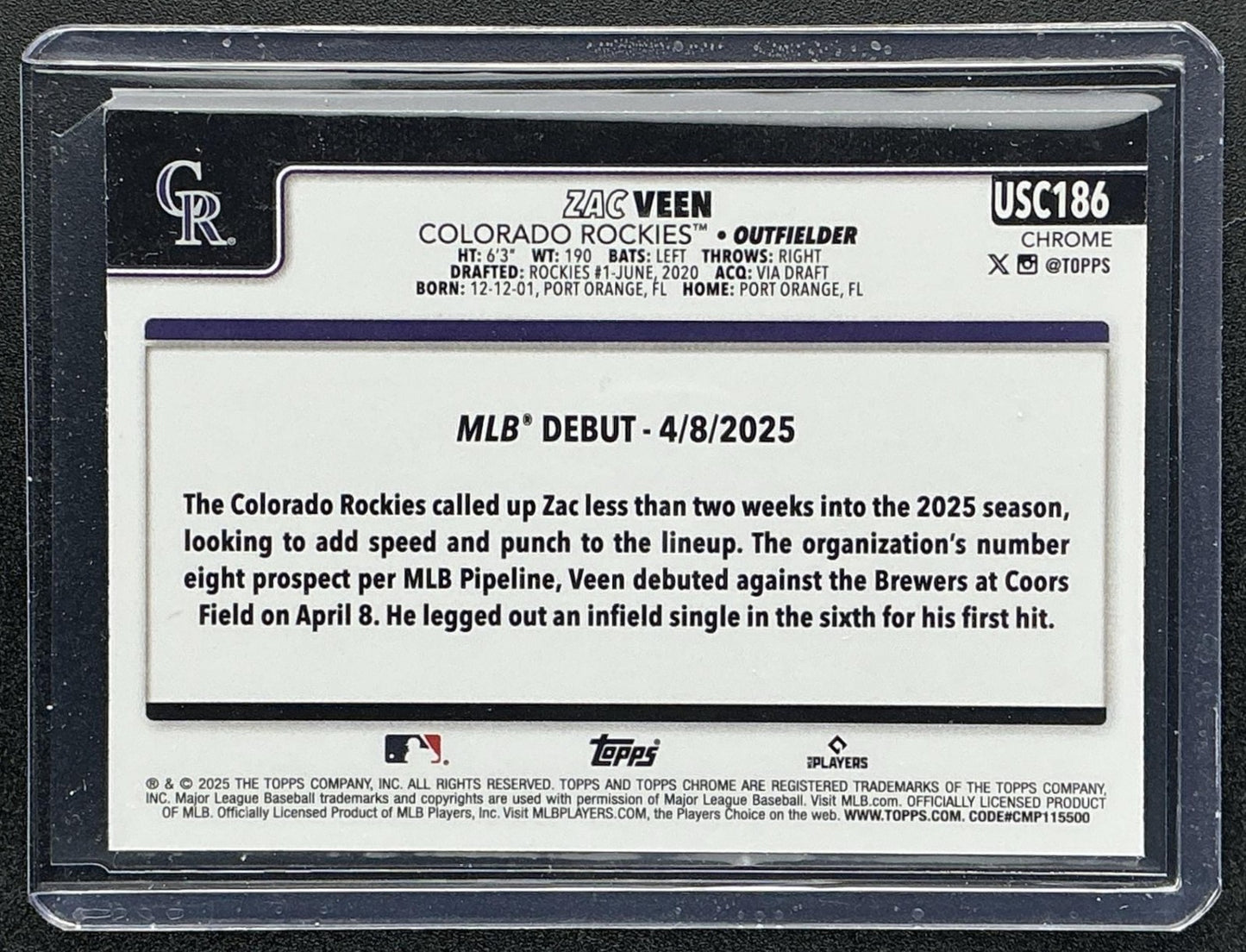 2025 Topps Chrome Update Zac Veen #USC186 Aqua RayWave Refractor /199 RC