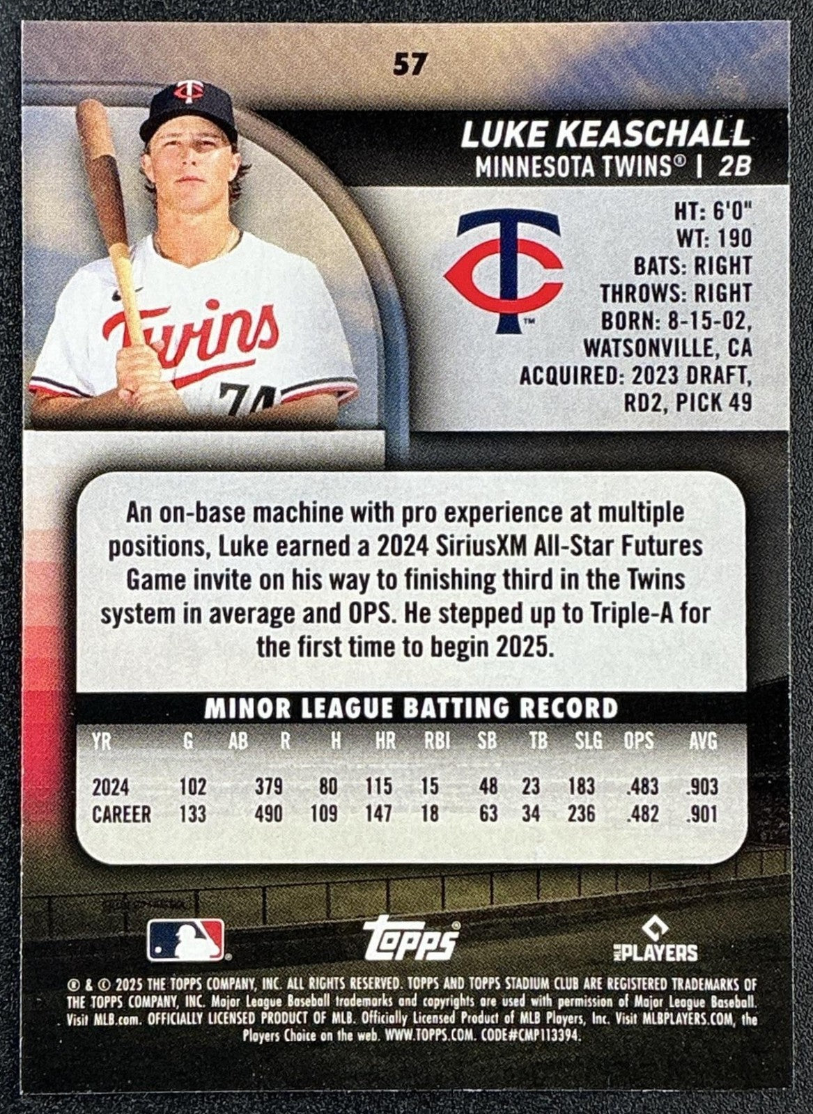LUKE KEASCHALL 2025 TOPPS STADIUM CLUB #57 RC TWINS
