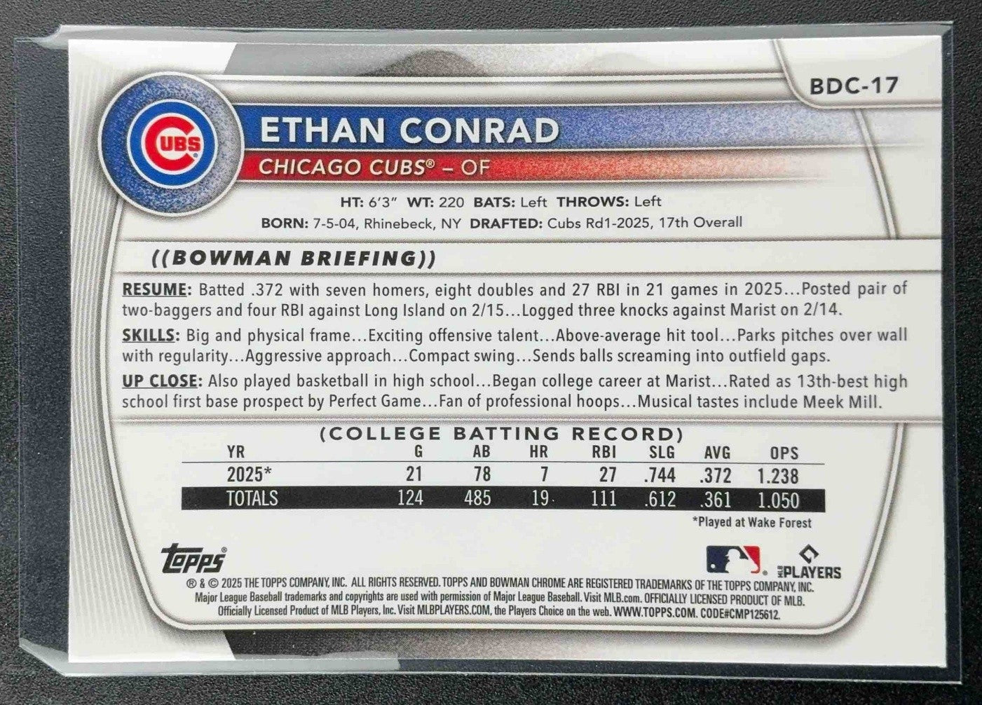 ETHAN CONRAD 2025 BOWMAN DRAFT #BDC-17 CHROME LASER REFRACTOR 1ST CUBS