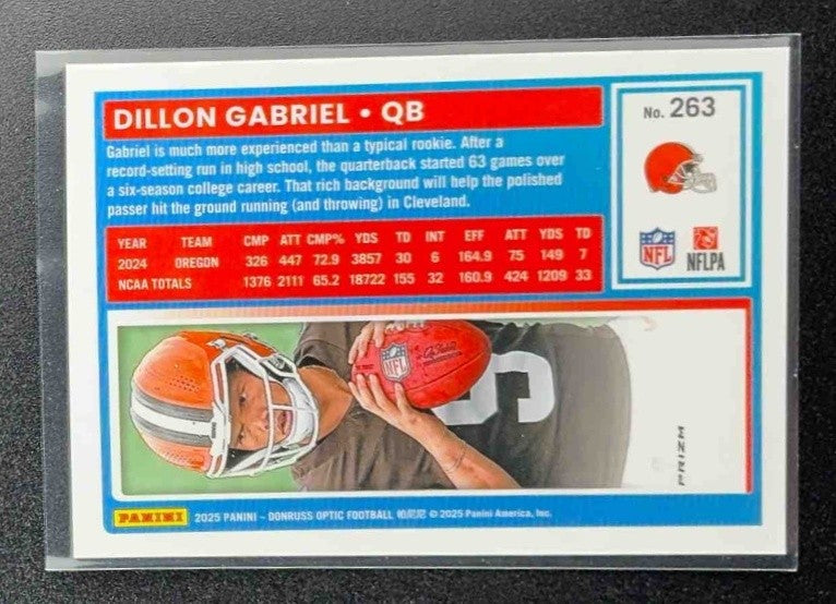 2025 Panini Donruss Optic Dillon Gabriel #263 Rated Rookie Blue Hyper Prizm
