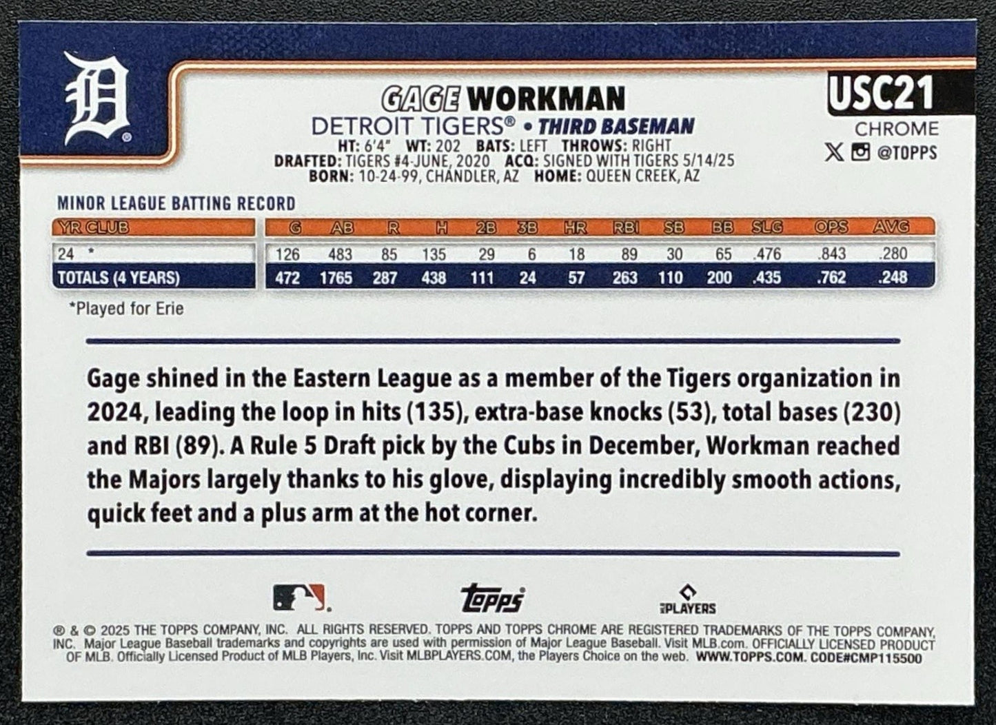 GAGE WORKMAN 2025 TOPPS CHROME UPDATE #USC21 RC TIGERS
