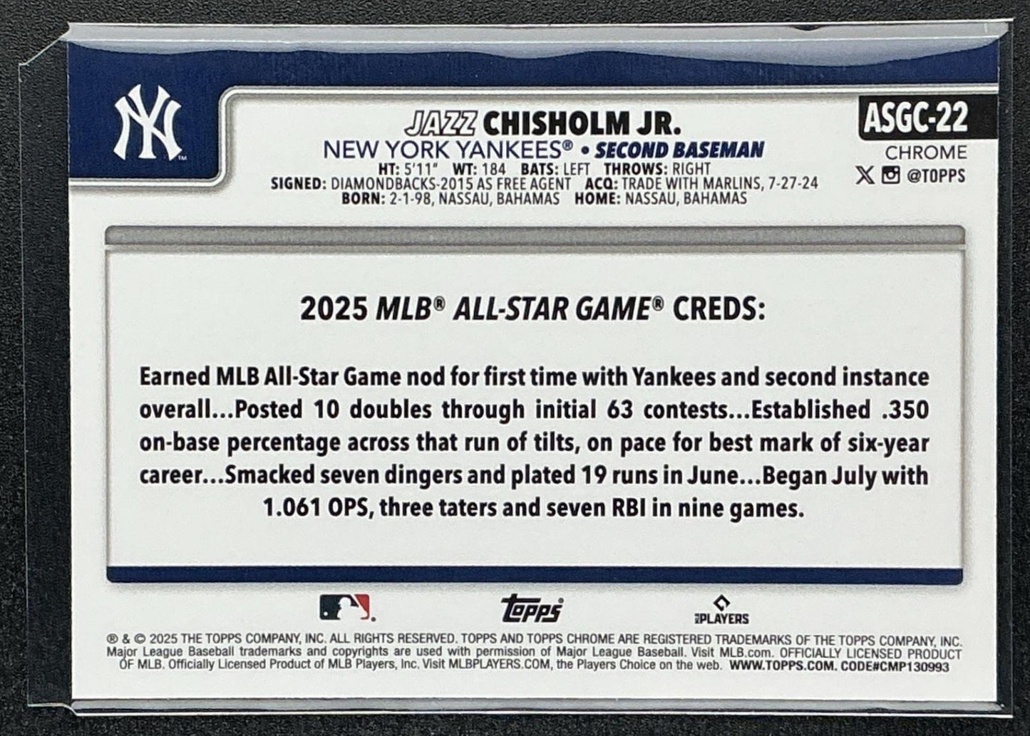 JAZZ CHISHOLM JR. 2025 TOPPS CHROME UPDATE #ASGC-22 ALL-STAR GAME YANKEES