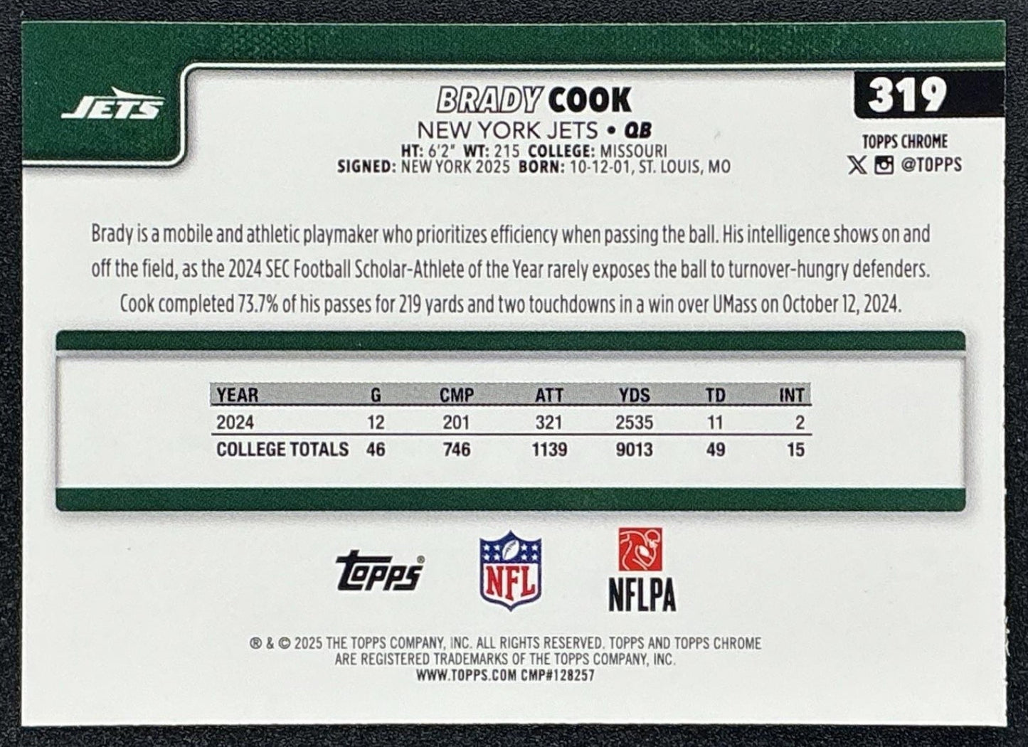 BRADY COOK 2025 TOPPS CHROME #319 ROOKIE TEAL WAVE REFRACTOR 236/299 RC JETS