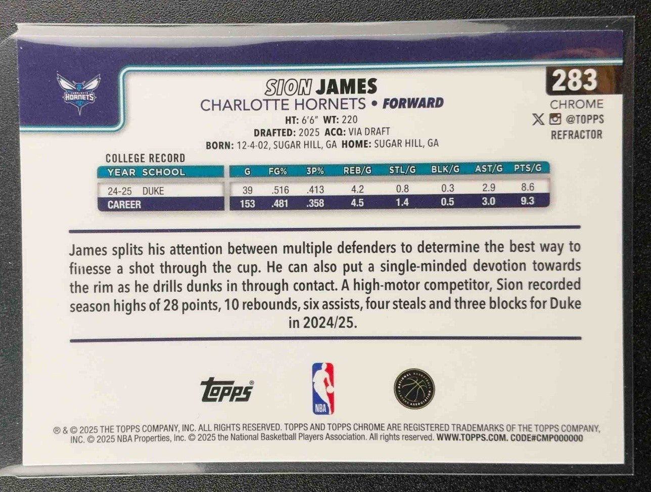 SION JAMES 2025-26 TOPPS CHROME #283 REFRACTOR RC HORNETS